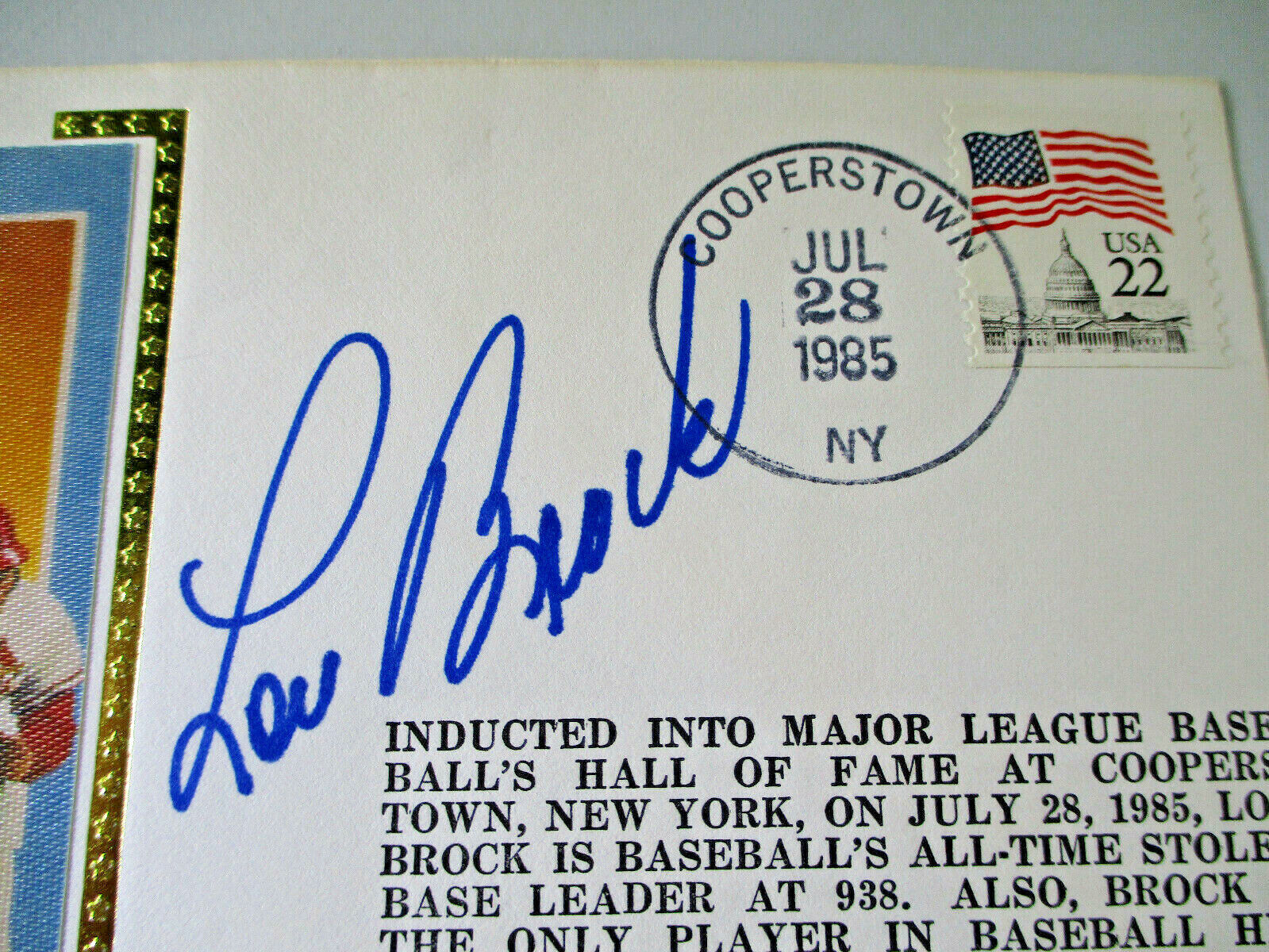 Lou Brock / Mlb Hall Of Fame / Autographed Baseball Envelope Cachet / JSA COA