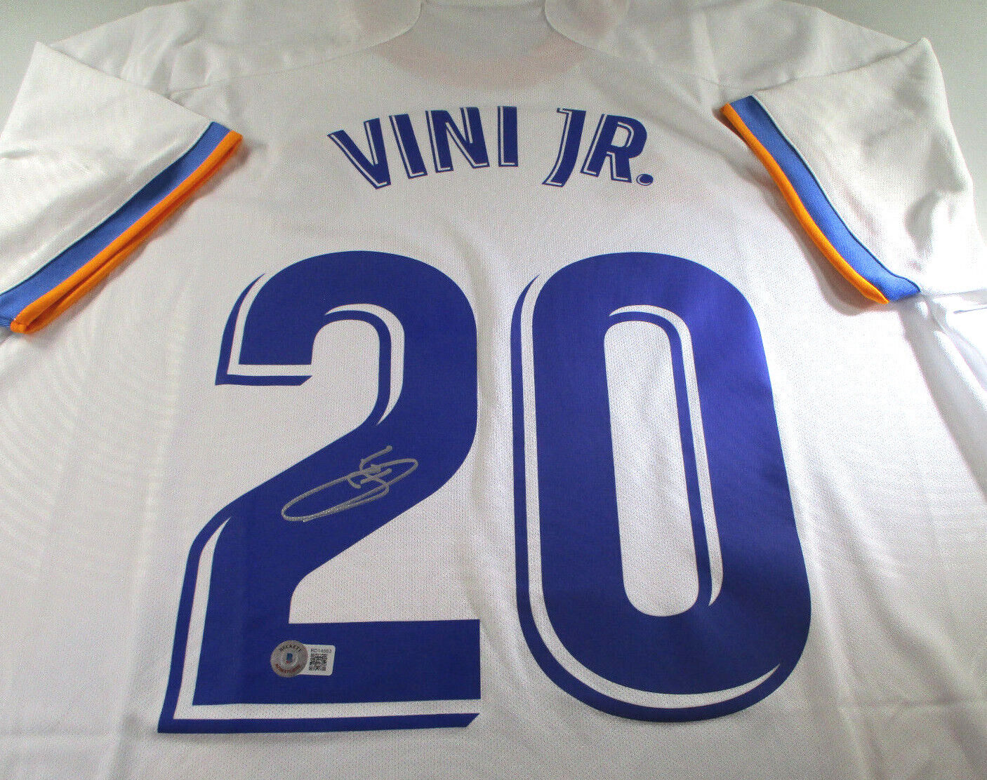Vinicius Jr. / Autographed Real Madrid White Pro Style Soccer Jersey / Beckett