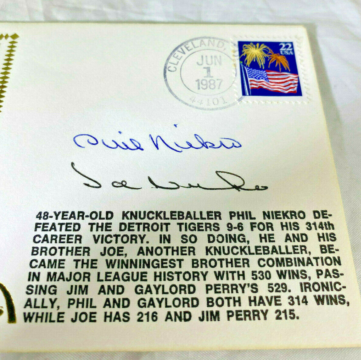 Niekro Brothers / Hall Of Fame / Autographed Baseball Envelope Cachet / JSA COA