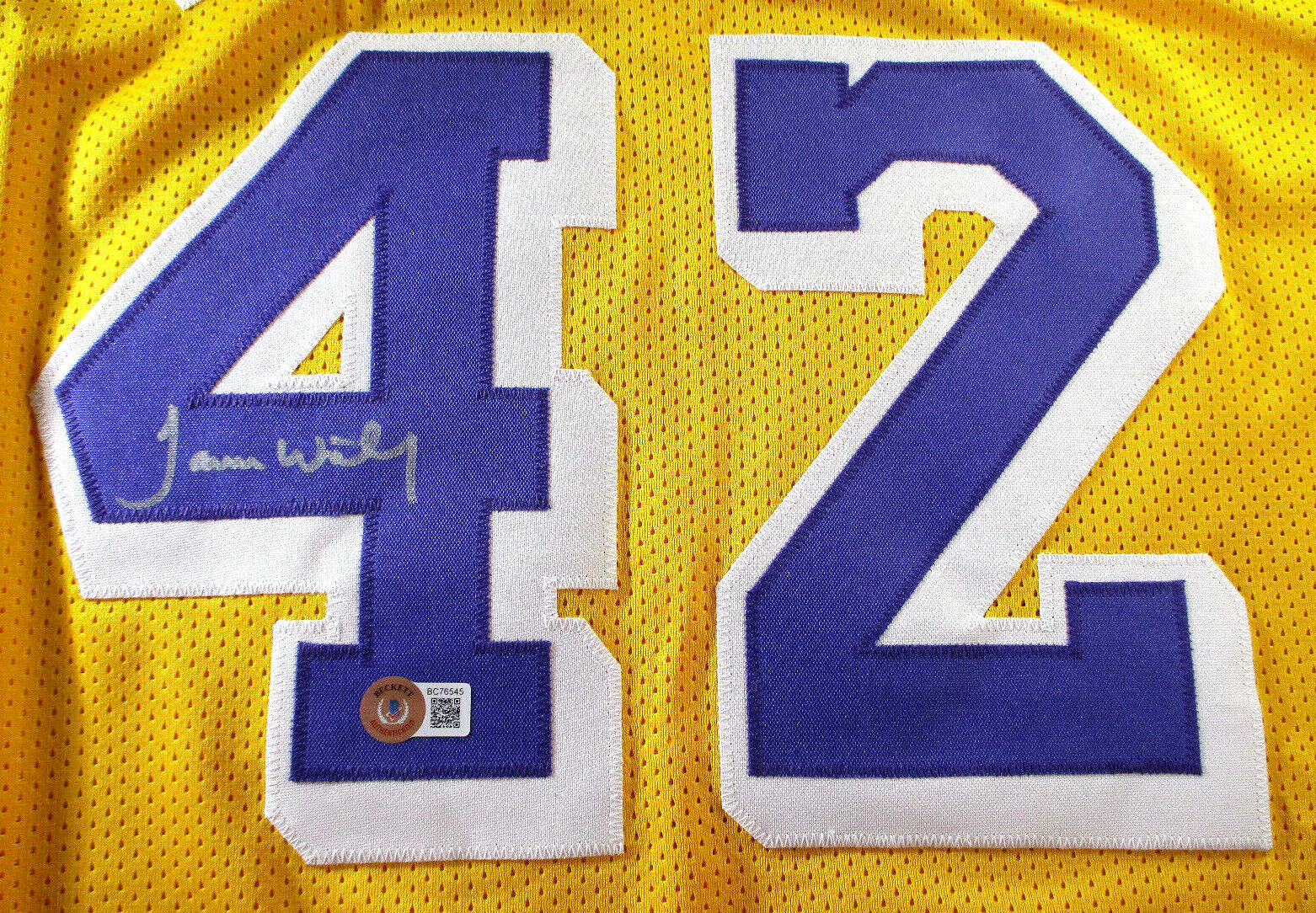 James Worthy / Autographed Los Angeles Lakers Yellow Custom Jersey / Beckett