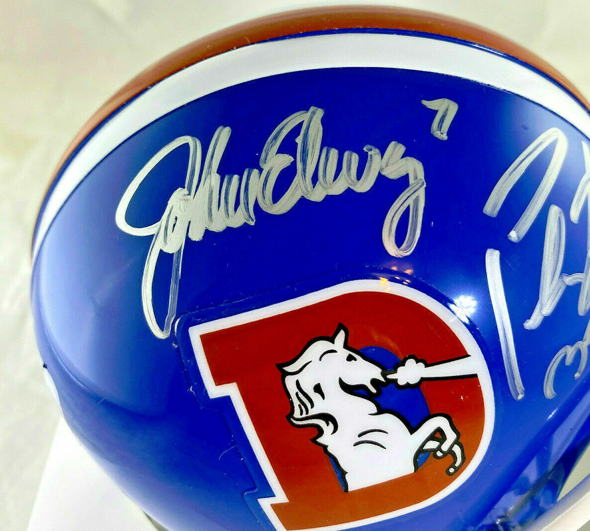 Peyton Manning & Elway / Autographed Broncos Throwback Mini Helmet / Player Holo