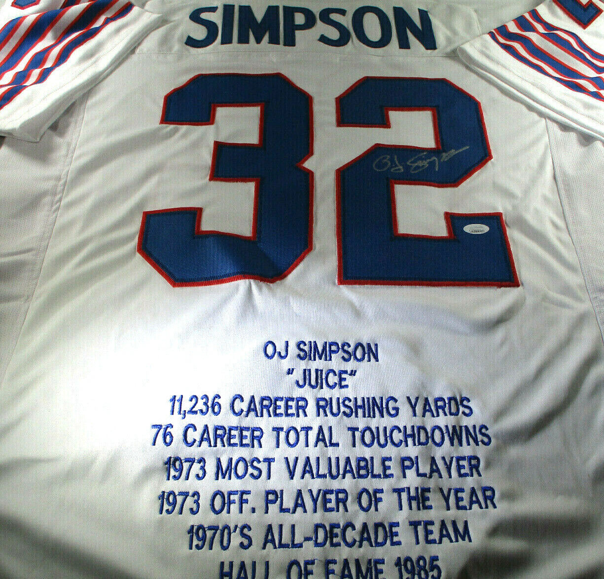 O.J. Simpson / Hall Of Fame / Autographed Buffalo Bills Custom Stat Jersey / JSA